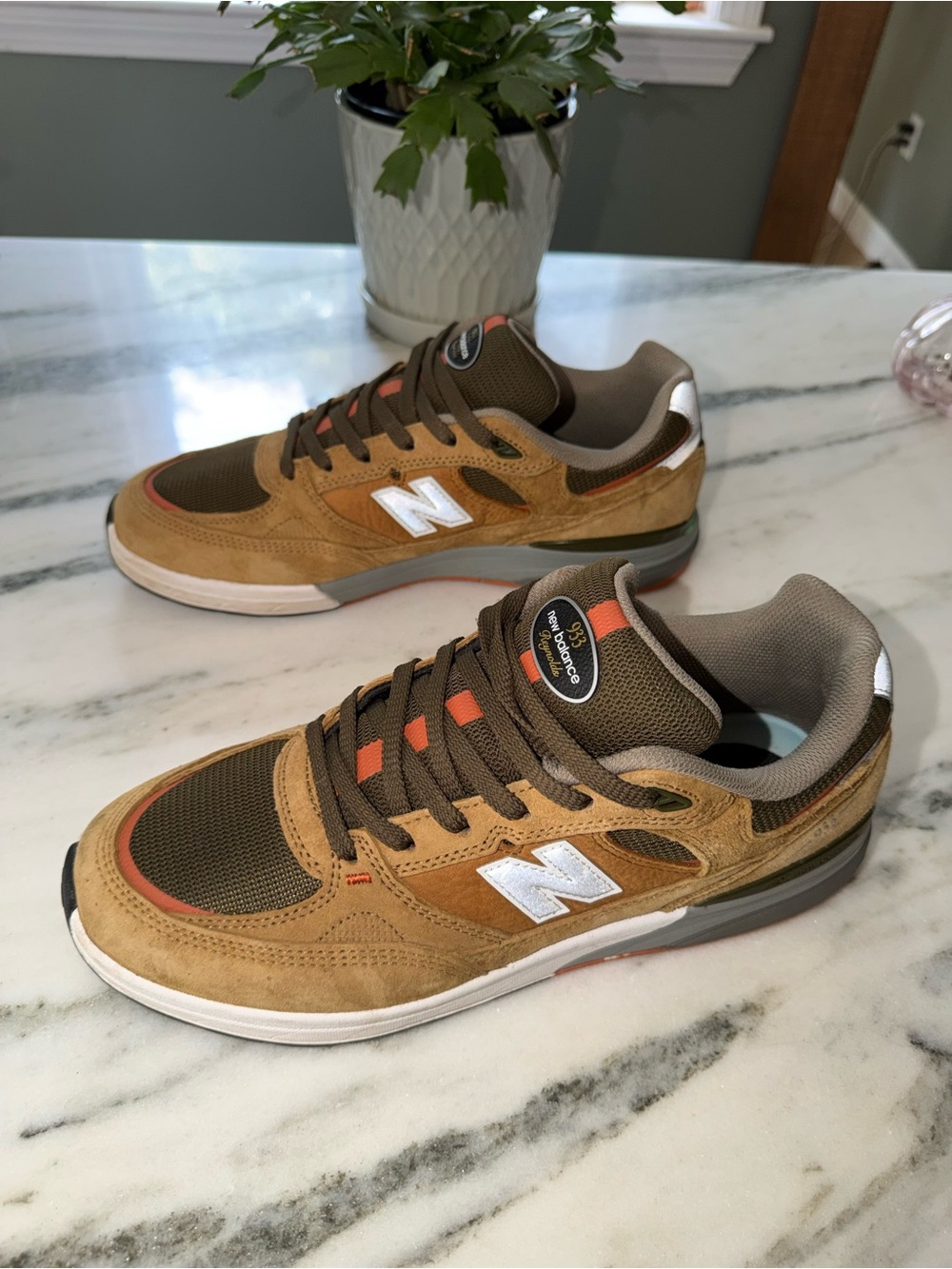 New Balance Men’s Tan and Olive Suede Mesh Sneakers - Picture 3 of 3